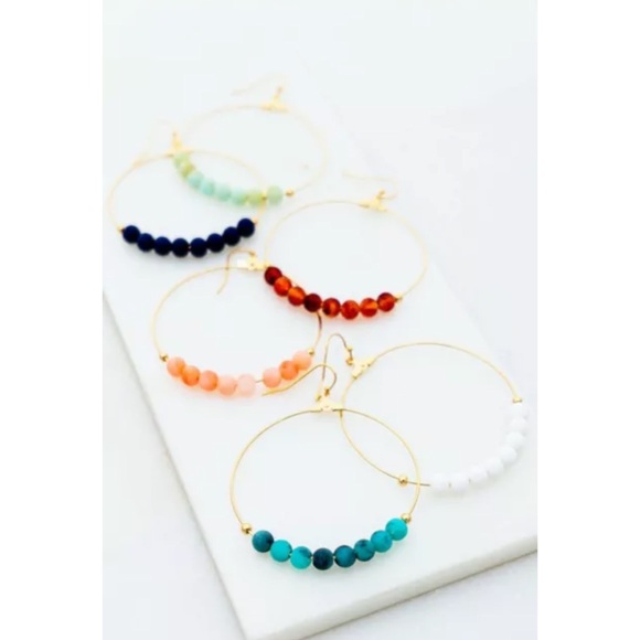 Turquoise Natural Stone Bead Gold Hoop Earrings - Picture 2 of 3